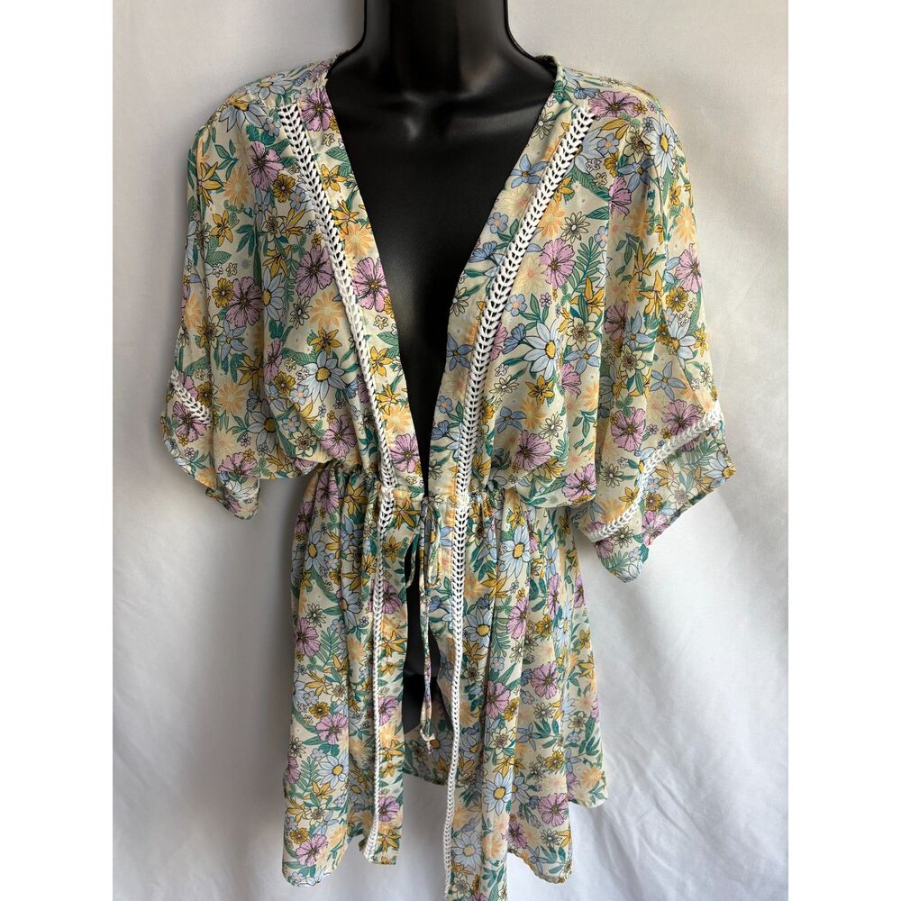 Miken Swim Cover Up Floral Beachy Vacation Size L Feminine Kimono Robe Swimwear